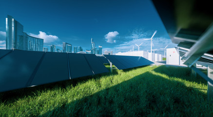 Wall Mural - modern black frameless solar panel farm, battery energy storage and wind turbines on fresh green gra