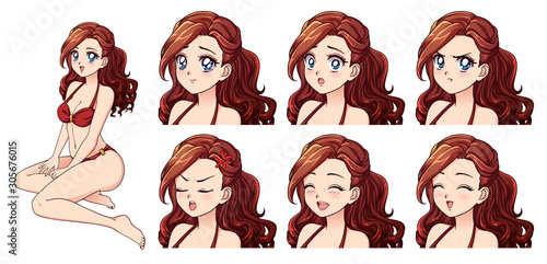 Set Of Anime Expressions Hand Drawn Cute Girl With Curly Brown Hair And Wearing Red Swimsuit Stock Vektorgrafik Adobe Stock