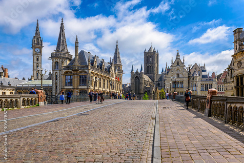 Medieval city of Gent (Ghent) in Flanders with Saint Nicholas Church and Gent...