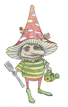 Gnome Dwarf With A Watering Can And A Fork, Amanita On His Head, Watercolor Tale