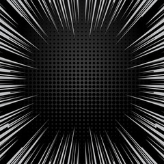 Speed lines and halftone background with space for text. Effect motion lines for comic book, manga. Radial rays with effect explosion. Template for web and print design. Black and white vector