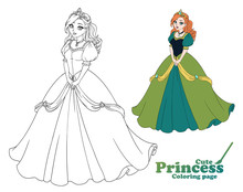 Pretty Cartoon Princess Standing And Wearing Beautiful Long Dress.