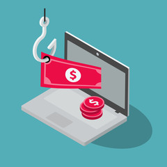 Leinwandbilder - Online banking theft symbol with laptop, red banknote and fishing hook isolated on blue background. Flat design, easy to use for your website or presentation.