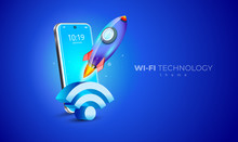 Wifi Technology Wireless Speed. Mobile Display Smartphone And Rocket Takeoff Dark Blue Background Illustration
