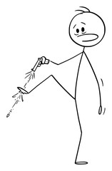 Wall Mural - Vector cartoon stick figure drawing conceptual illustration of man or businessman with hand gun shooting yourself in the foot.