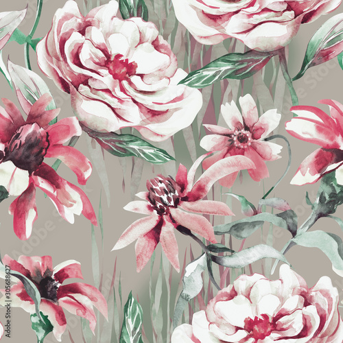 Naklejka - mata magnetyczna na lodówkę Summer Flowers Seamless Pattern. Watercolor Illustration.