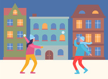 People On Winter Vacations Playing Games Vector. Man And Woman Having Fun With Snowball Fights. Kids Outdoors Spending Time Together. City Street With Buildings In Row Flat Style Illustration