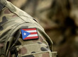 Flag of Puerto Rico on military uniform. Army, armed forces, soldiers. Collage.