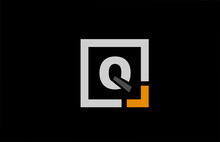 Black White Orange Square Letter Q Alphabet Logo Design Icon For Company
