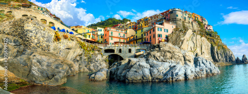 View of Manarola town on rocky coast at famous Cinque Terre National Park Tableau sur Toile