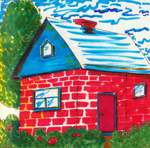 Cartoon Red House With Windows And A Door. Around The House Are Shrubs And Flowers. Hand Drawn By Markers. It Can Be Used For Printing In Children's Books, Magazines.