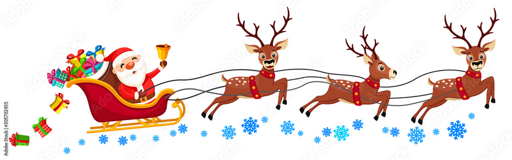 Santa Claus is riding a sleigh with reindeer and ringing a bell on a white. Christmas character - obrazy, fototapety, plakaty 