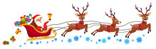 Santa Claus Is Riding A Sleigh With Reindeer And Ringing A Bell On A White. Christmas Character