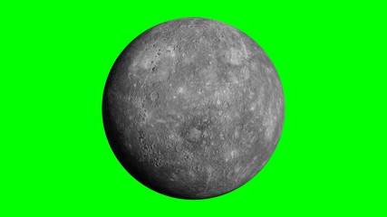 Wall Mural - planet Mercury rotating, solar system object in outer space isolated on green screen background, 4k loop
