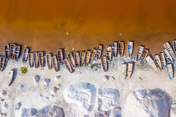 Poster - Aerial view of the Pink Lake Retba or Lac Rose in Senegal. Photo made by drone from above. Africa Natural Landscape.