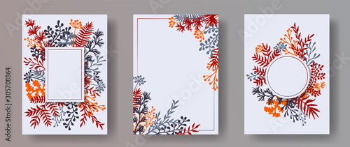 Tropical herb twigs, tree branches, flowers floral invitation cards collectio...