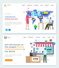  Logistics worldwide and online trading platform vector. People working with products and orders of clients, map with location and cargo status. Website or webpage template, landing page flat style
