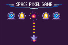 Space Pixel Game, Rocket Shooting To Ufo, War Between Spaceship And Cosmic Hero, Pixelated Character, Battle Of Monster And Invader Ship, Video-game Vector
