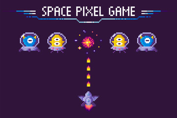 Space pixel game, rocket shooting to ufo, war between spaceship and cosmic hero, pixelated character, battle of monster and invader ship, video-game vector