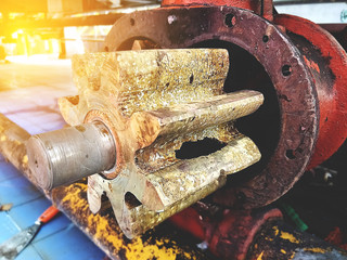 The gear of the pump is damaged in an industrial plant.