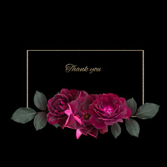 Vintage floral card. Marsala roses isolated on black background. Template for greeting card, wedding invitations.