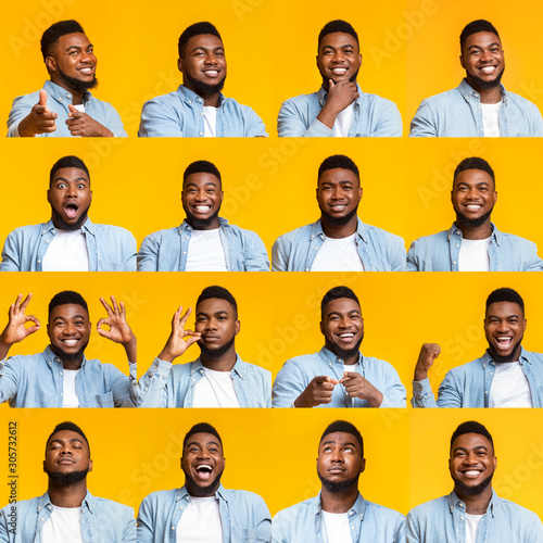 Cuadros en Lienzo Collage of handsome black guy portraits with different emotions and gestures