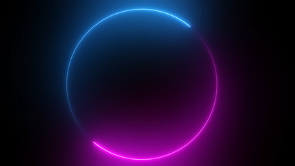 3D rendering of an abstract bright neon round frame. Laser technology background design