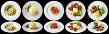 Set Of Italian Dishes On White Plates Isolated Collage