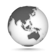 Wall Mural - Globe icon gray on white with smooth vector shadow and map of the continents of the world. Europe, Asia, Oceania, Australia. Vector illustration