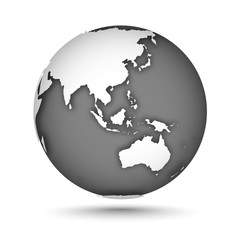 Wall Mural - Globe icon gray on white with smooth vector shadow and map of the continents of the world. Europe, Asia, Oceania, Australia. White continent and gray water. Vector illustration