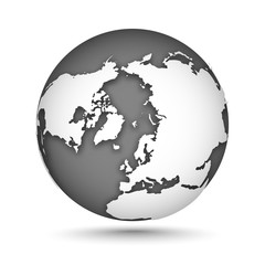 Wall Mural - Globe set gray and white, vector icons Earth with outline continents. White continent and gray water. North Pole. Vector illustration