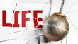 Seasonal affective disorder and life - pictured as a word Seasonal affective disorder and a wreck ball to symbolize that Seasonal affective disorder can destroy life, 3d illustration