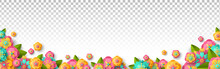 Spring Flowers Isolated On Transparent Background. Bright Summer Overlay Effect, Fresh Floral Border. Vector Illustration.