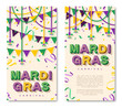 Mardi Gras vertical banner with typography design. Vector illustration with retro light bulbs font, streamers, confetti and hanging garlands