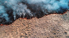 Forest And Field Fire. Dry Grass Burns, Natural Disaster. Aerial View. Shooting From A Small Height, A Section Of The Fire Shot Close-up.