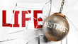 Mistrust and life - pictured as a word Mistrust and a wreck ball to symbolize that Mistrust can have bad effect and can destroy life, 3d illustration