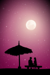 Sticker - Lovers sitting on sand under straw umbrella on moonlit night. Vector illustration with silhouette of couple on beach. Family summer vacation. Full moon in starry sky