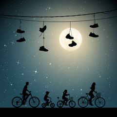 Sticker - family on bikes under shoes on wires on moonlit night. vector illustration with silhouettes of cycli