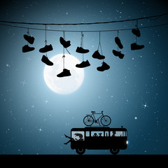 Sticker - Retro car on moonlit night. Vector illustration with silhouettes of parents with children traveling in camper. Shoes hanging on wires. Family road trip. Full moon in starry sky