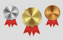 Champion Medails With Red Ribbon. Banner. Winner Award Competition, Prize Medal And Banner For Text. Award Medals Isolated On Transparent Background. Vector Illustration Of Winner Concept.