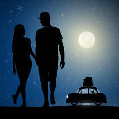 Sticker - Two lovers walk on beach on moonlit night. Vector illustration with silhouette of loving couple and retro car. Family road trip. Full moon in starry sky