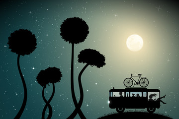 Sticker - Retro car on hill between dandelions on moonlit night. Vector illustration with silhouettes of parents with children traveling in camper. Family road trip. Full moon in starry sky