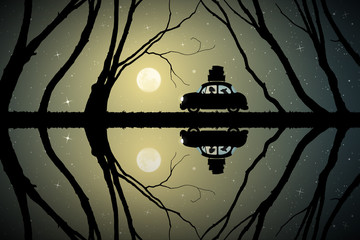 Sticker - Retro car on lake road on moonlit night. Vector illustration with silhouettes of woman and dog traveling in camper between trees. Solo road trip. Full moon in starry sky