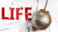 Killers And Life - Pictured As A Word Killers And A Wreck Ball To Symbolize That Killers Can Have Bad Effect And Can Destroy Life, 3d Illustration