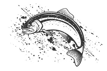 Wall Mural - Rainbow trout jumping out water.Salmon isolated on white background. Concept art for horoscope, tattoo or colouring book.