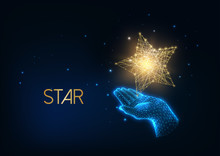 Futuristic People Award, Excellence Concept With Glow Low Polygonal Human Hand Holding Golden Star.