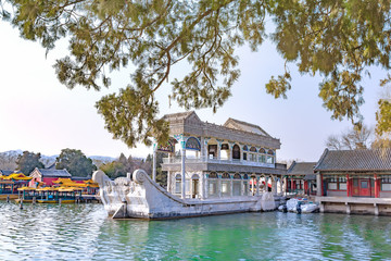 Wall Mural - Marble boat on Kunming Lake at Summer Palace -  famous tourist attraction in Beijing, China