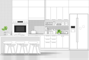 Interior design with modern kitchen in black line sketch on white background , vector , illustration