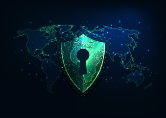 Wall Mural - futuristic cyber security concept with glowing low polygonal shield with access and world map.