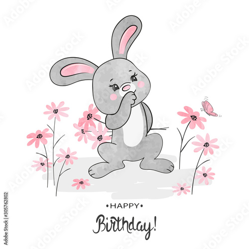 Birthday card with cute bunny and flowers. Vector illustration.